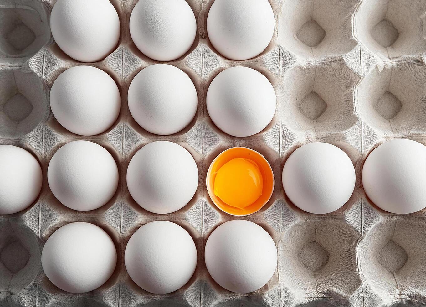Row of white eggs and single broken egg with a yolk photo