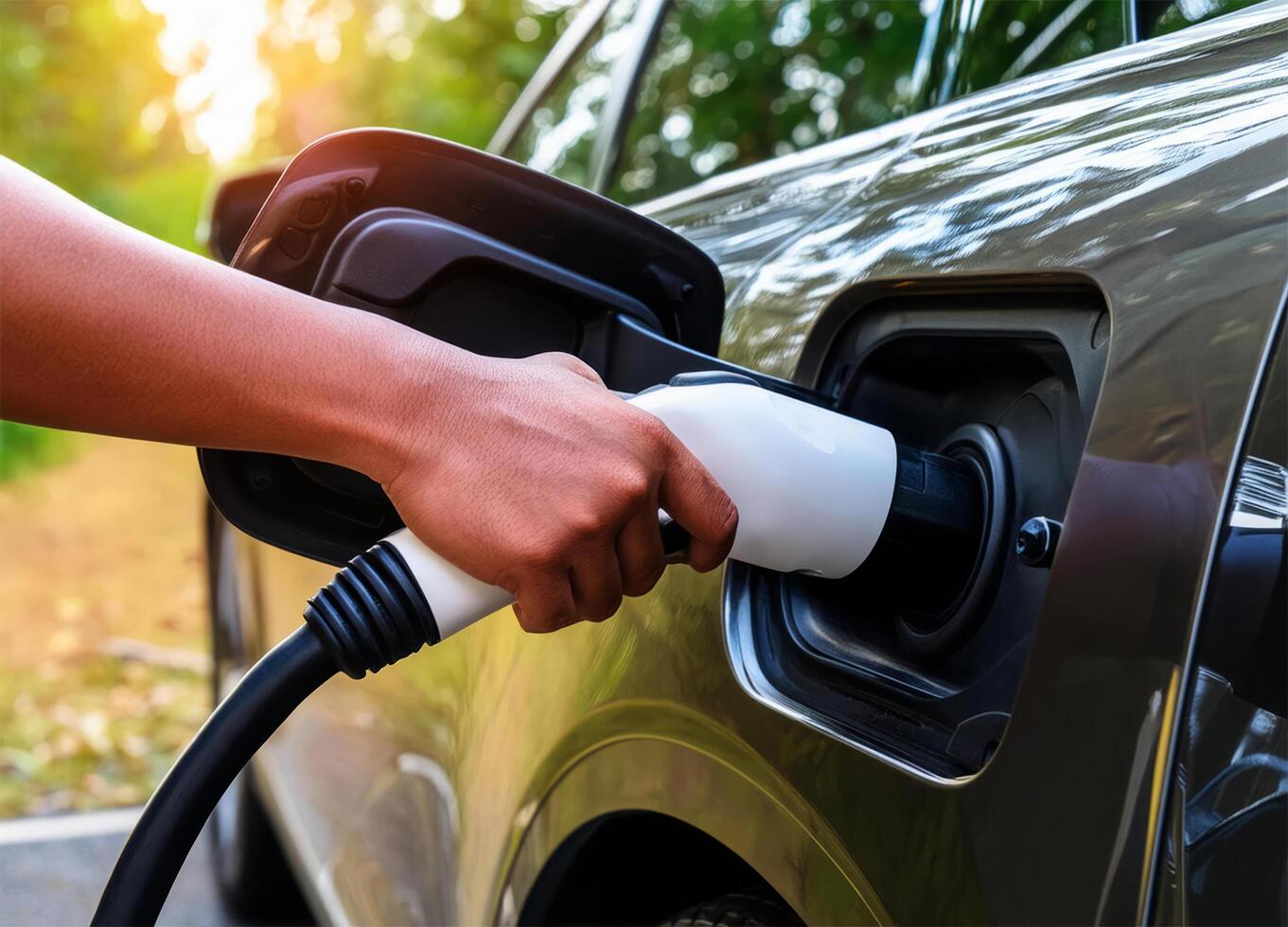 Closeup hand of a man put EV charger to recharge electric car photo