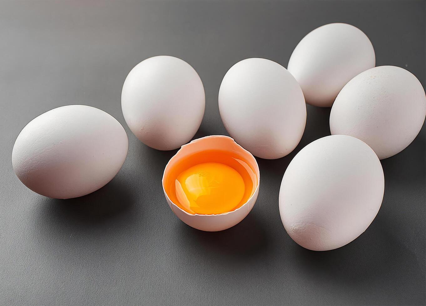 Row of white eggs and single broken egg with a yolk photo