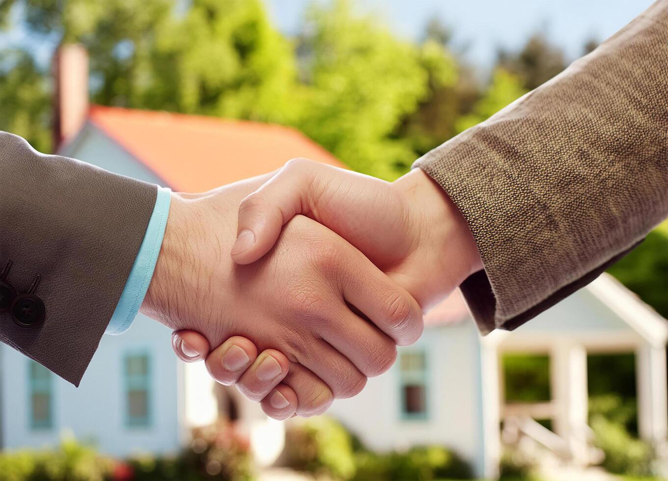 Close up of handshake with house for sale in background photo