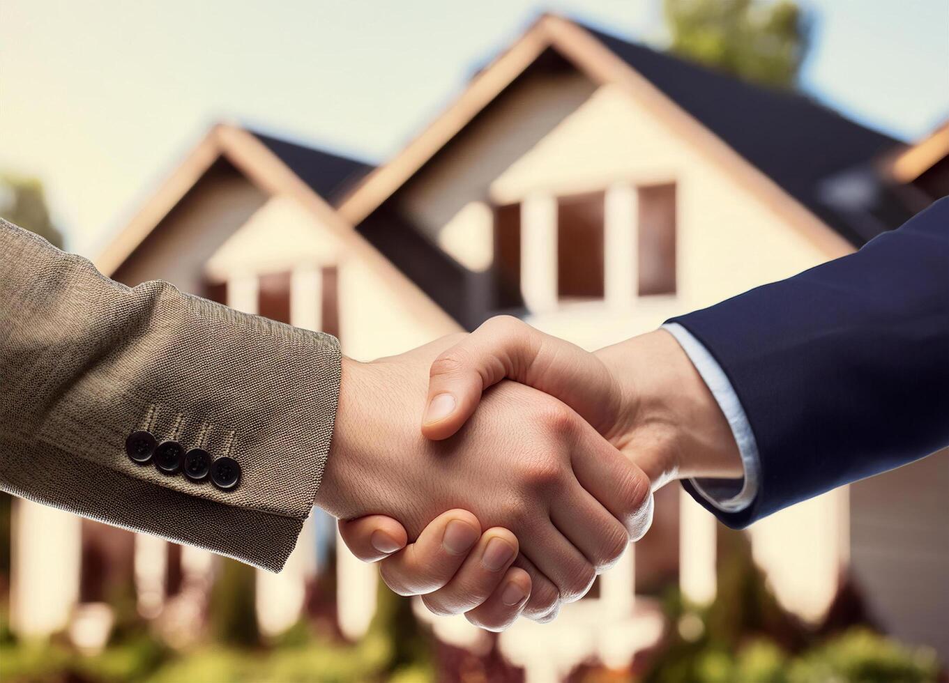 Close up of handshake with house for sale in background photo