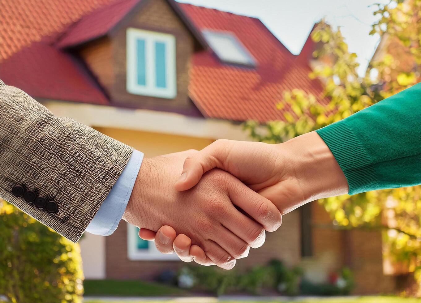 Close up of handshake with house for sale in background photo
