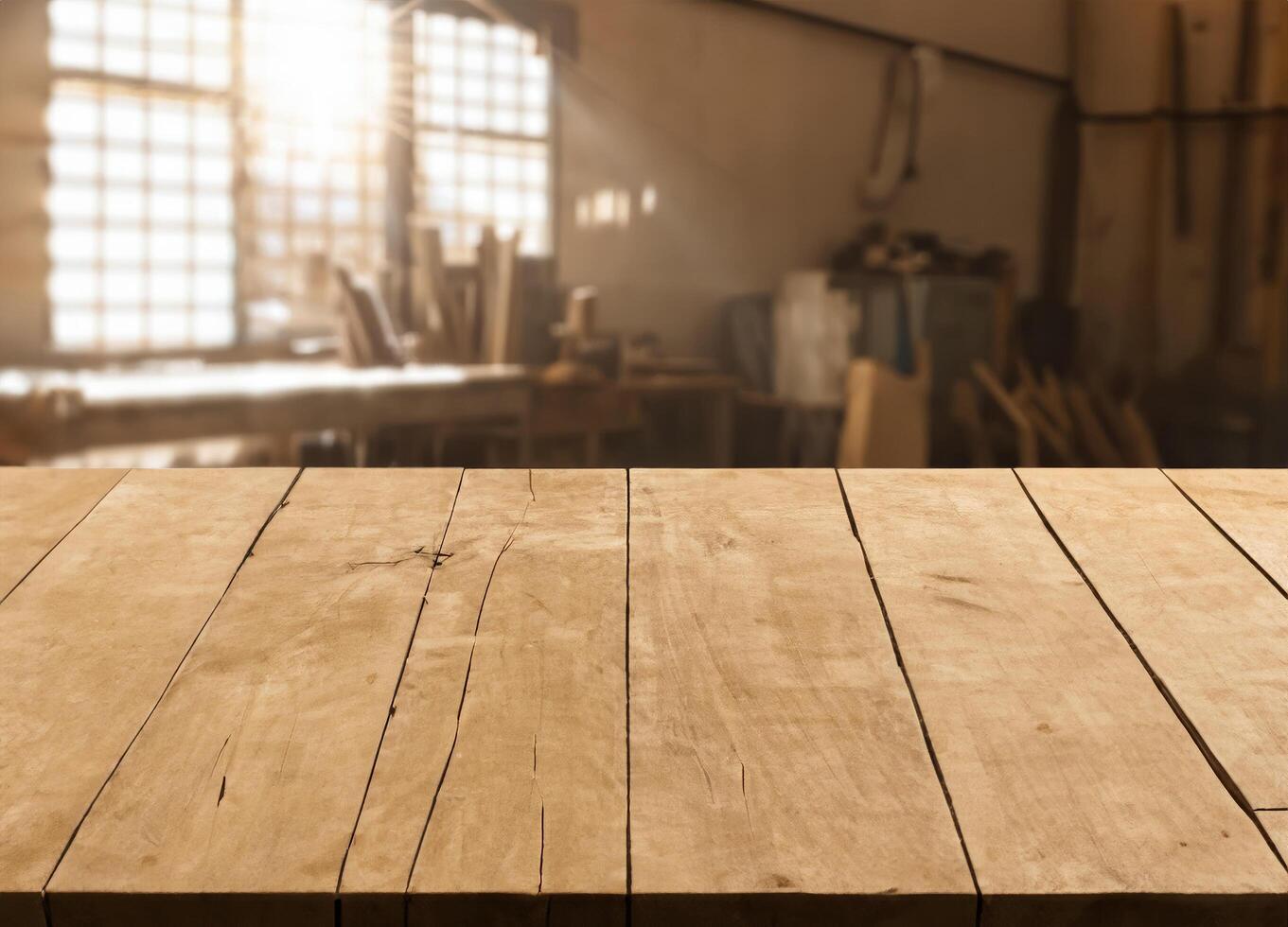 Wooden table with blurred dark shadows and natural sun light workshop interior photo