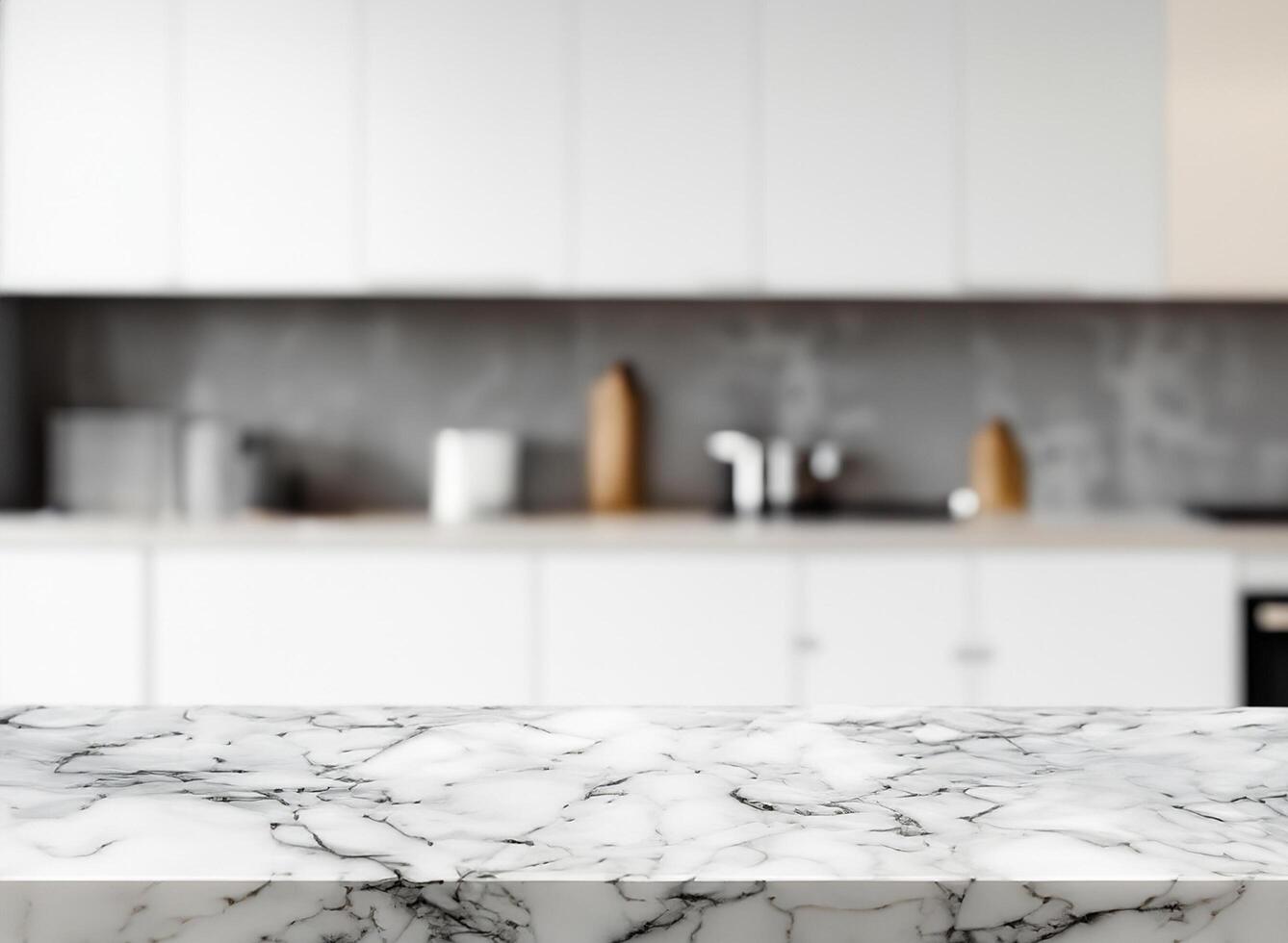Marble table with blurred kitchen photo