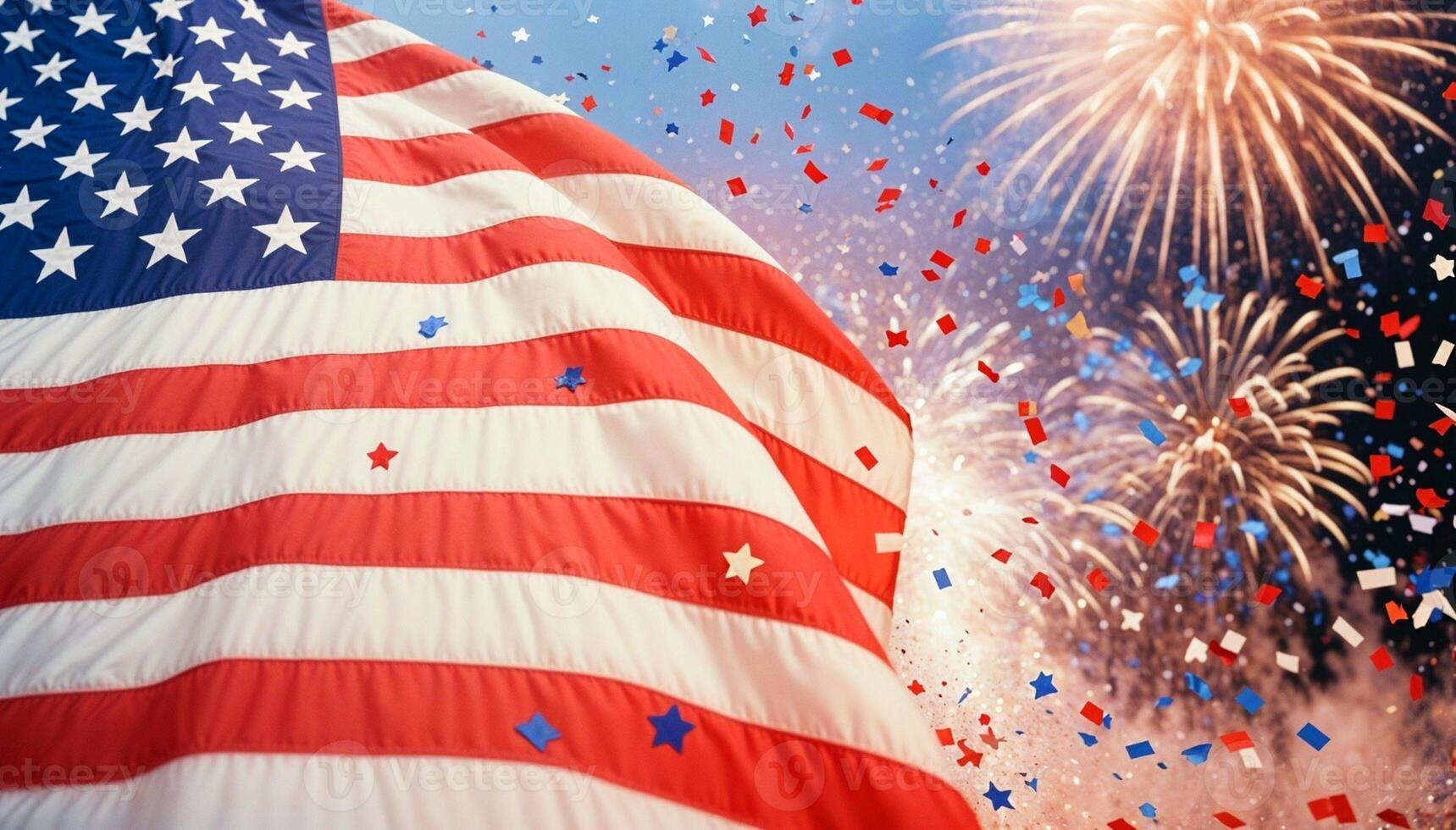The star-spangled American flag on a background of fireworks and confetti. USA Independence Day selebration, July 4th. High quality photo. AI-GENERATED photo