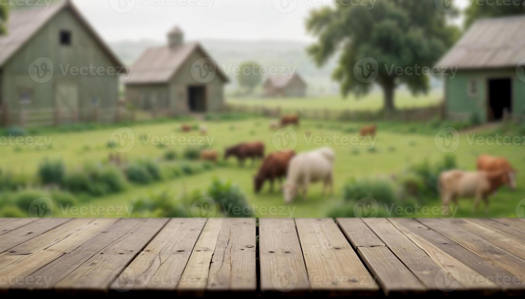 Wooden table top podium on blurred cow organic farm background . Product display, showcase, presentation. High quality photo. photo