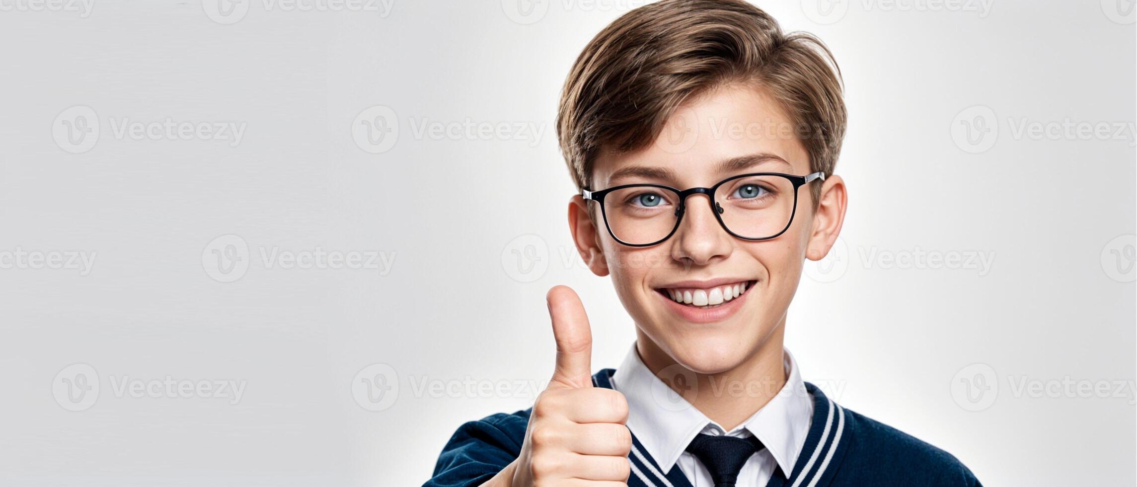 A young Caucasian school boy with brown hair and eyeglasses, wearing a navy blue school uniform, and tie, giving a thumbs up and smiling. Isolated portrait for design, banners, website, promotional materials. photo
