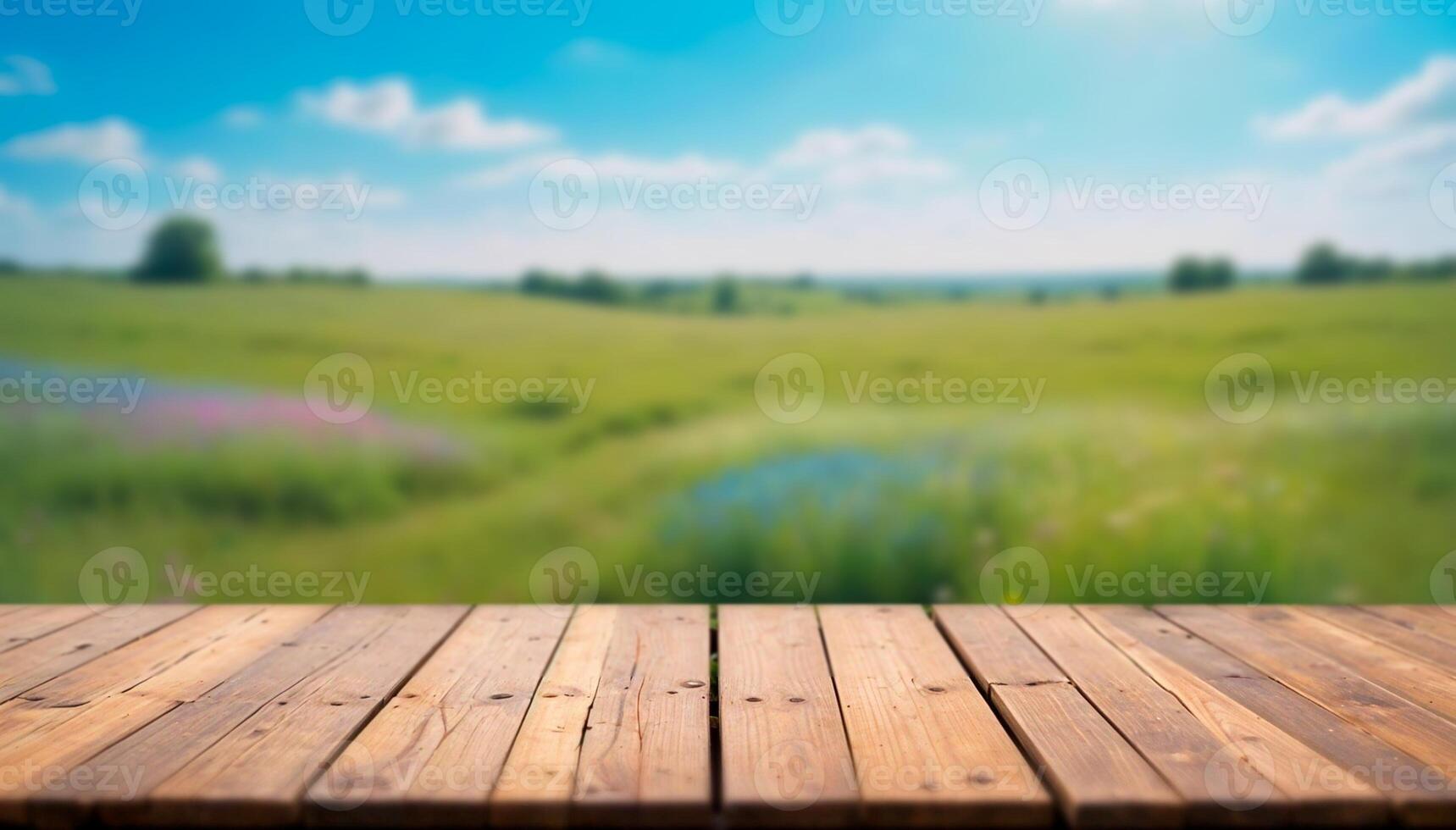 Wooden table top podium on blurred trees and green grass field with colorful wild flowers and blue sky. Product display, showcase, presentation. High quality photo. photo