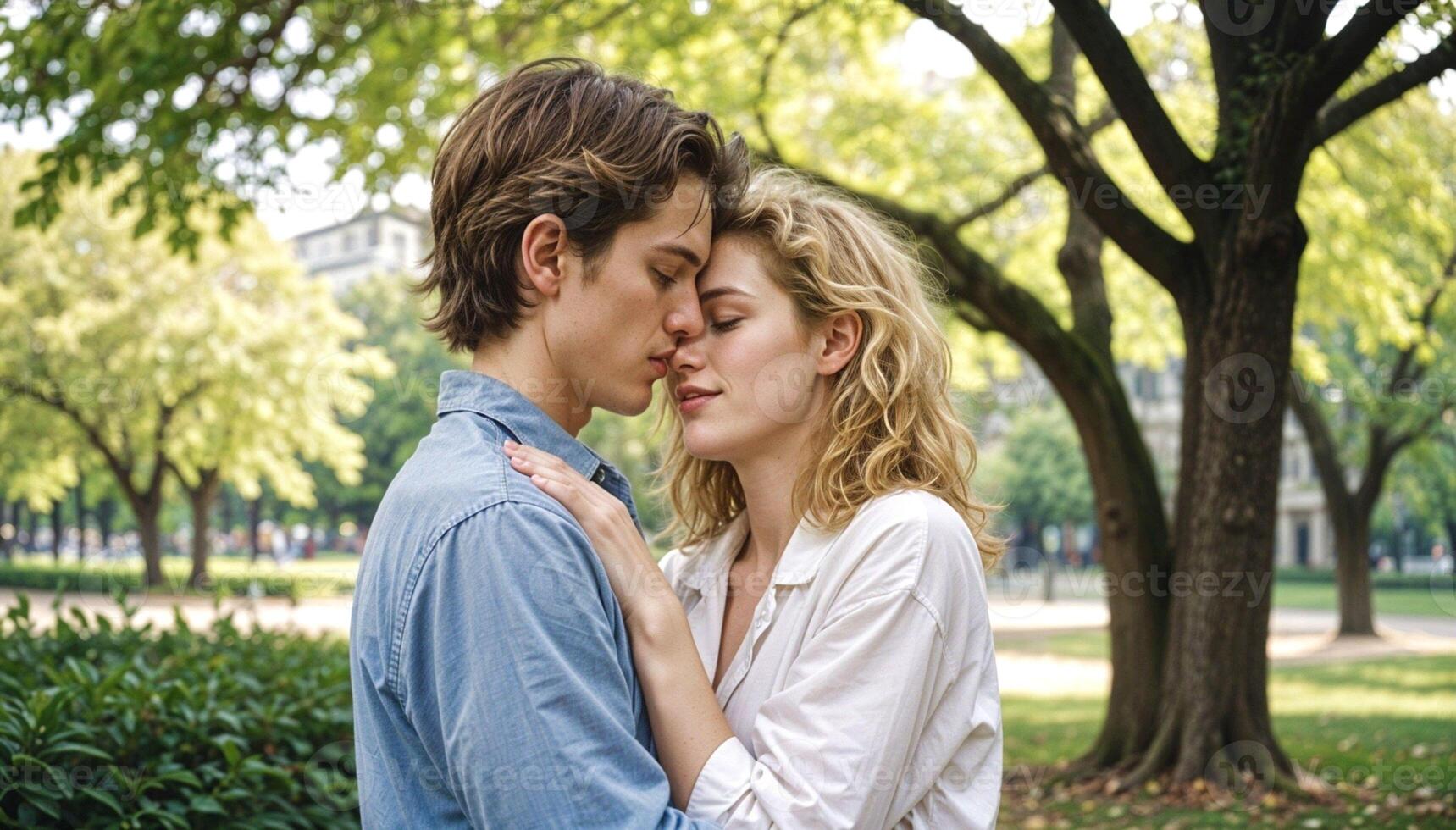 A young beautiful Caucasian couple embracing in a park setting. Gentle and romantic love. High quality photo. photo