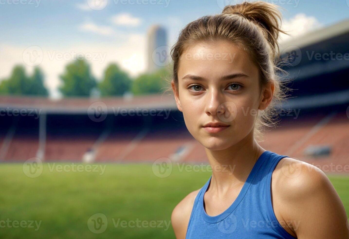 portrait of a young teen Caucasian Slavic athlete with blonde hair on the copy space blurred background of the stadium. professional women's sports concept. High quality photo. . photo
