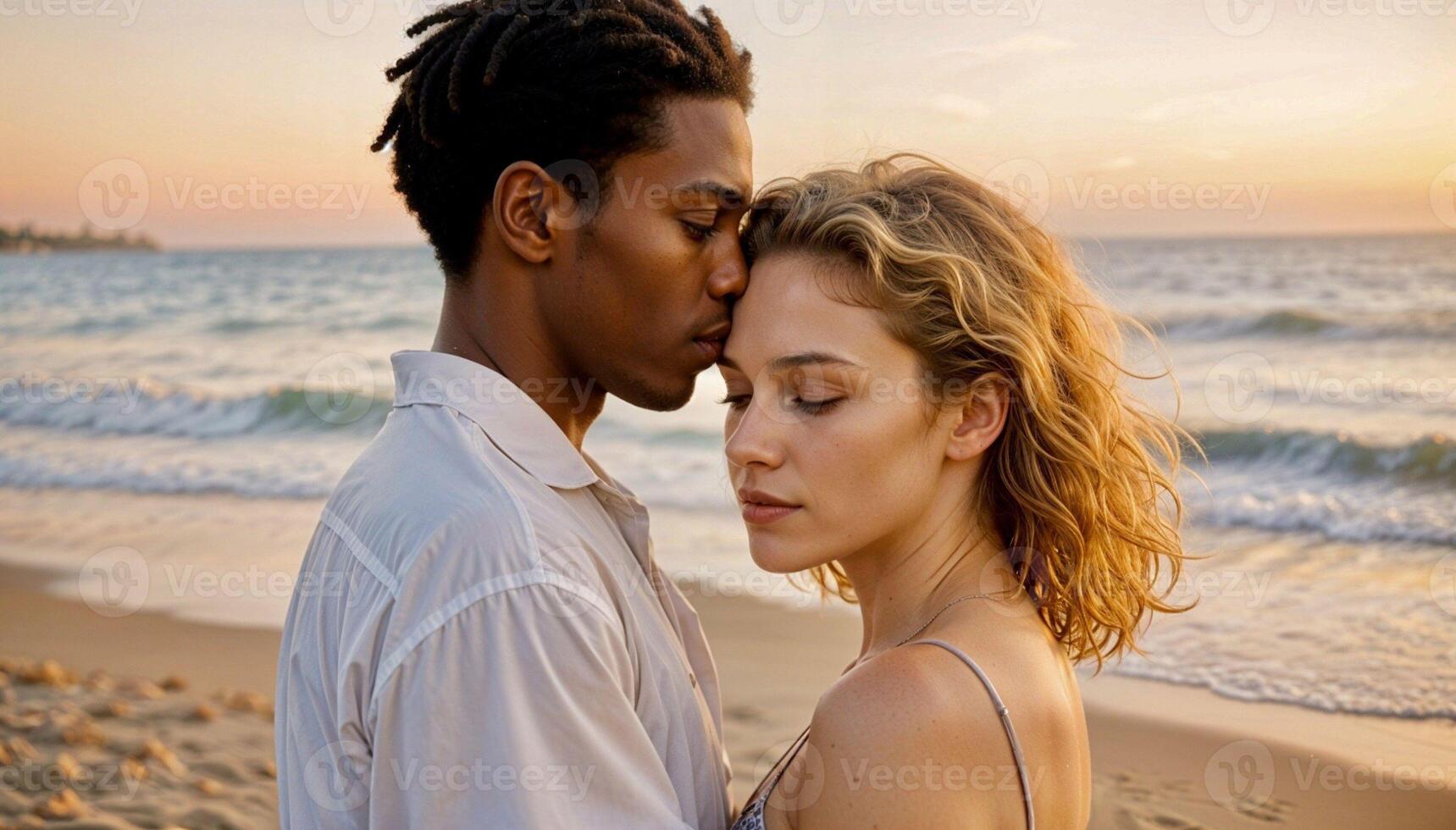 A young beautiful Interracial couple of lovers embracing in a sunset Beach. Gentle and romantic love of The newlyweds black men and Caucasian woman on the sea background. High quality photo. photo