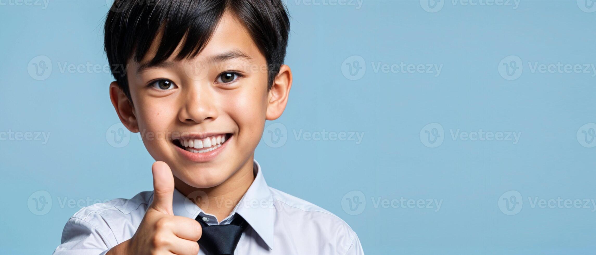 A young Asian school boy , 8 years old, with short black hair and a bright, cheerful smile, giving a thumbs up gesture against a blue copy space background. Isolated portrait for design, banners, website, promotional materials. photo