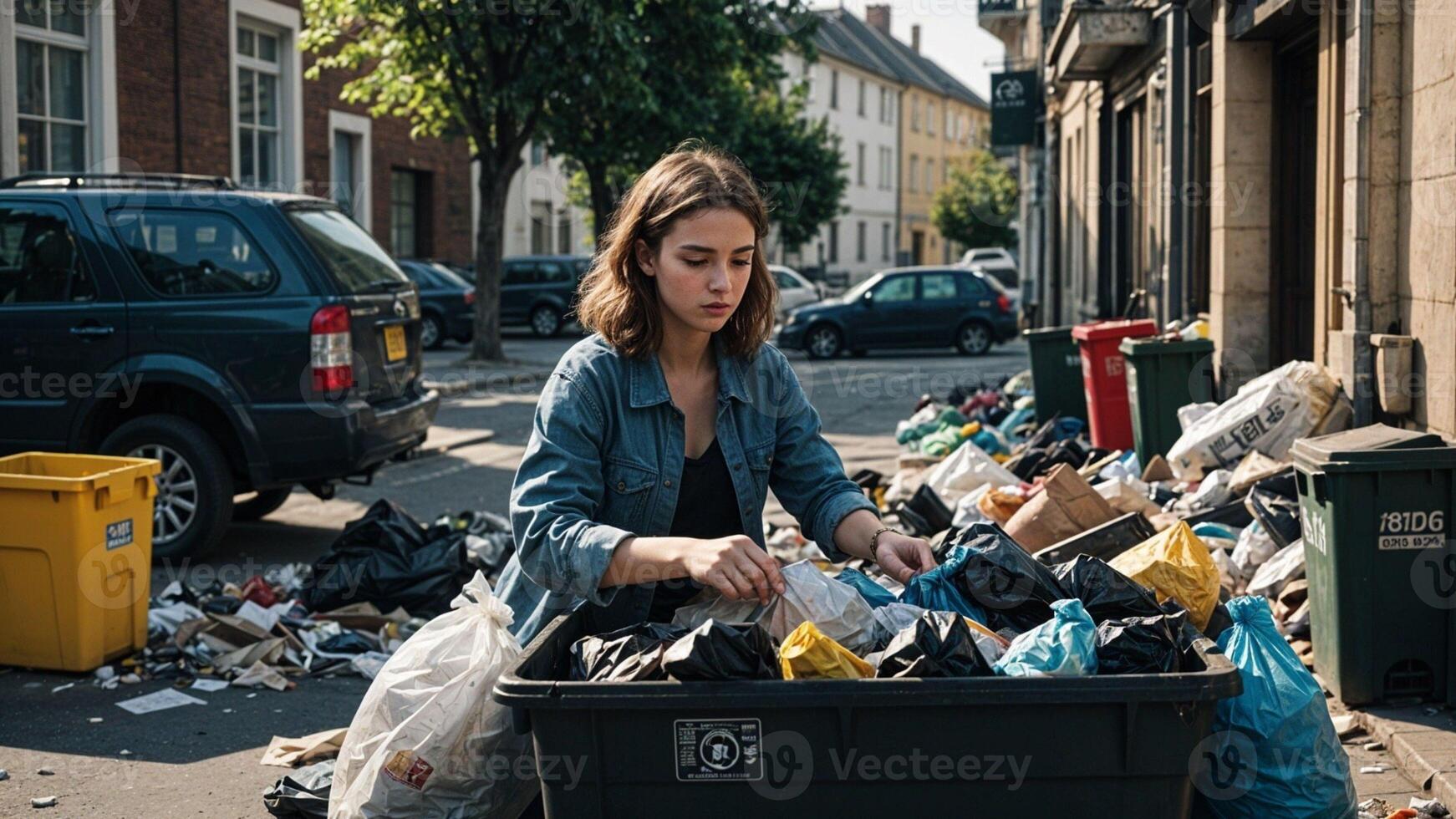 A young girl sorts garbage in containers on a city street. pollution recycling and the environment concept. High quality photo. AI-GENERATED photo