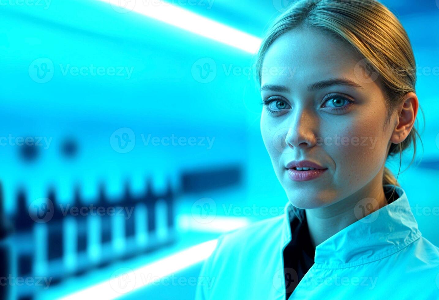 Young female scientist in a laboratory under blue lighting. Portrait of Caucasian woman doctor with blurred background and copy space. High quality photo