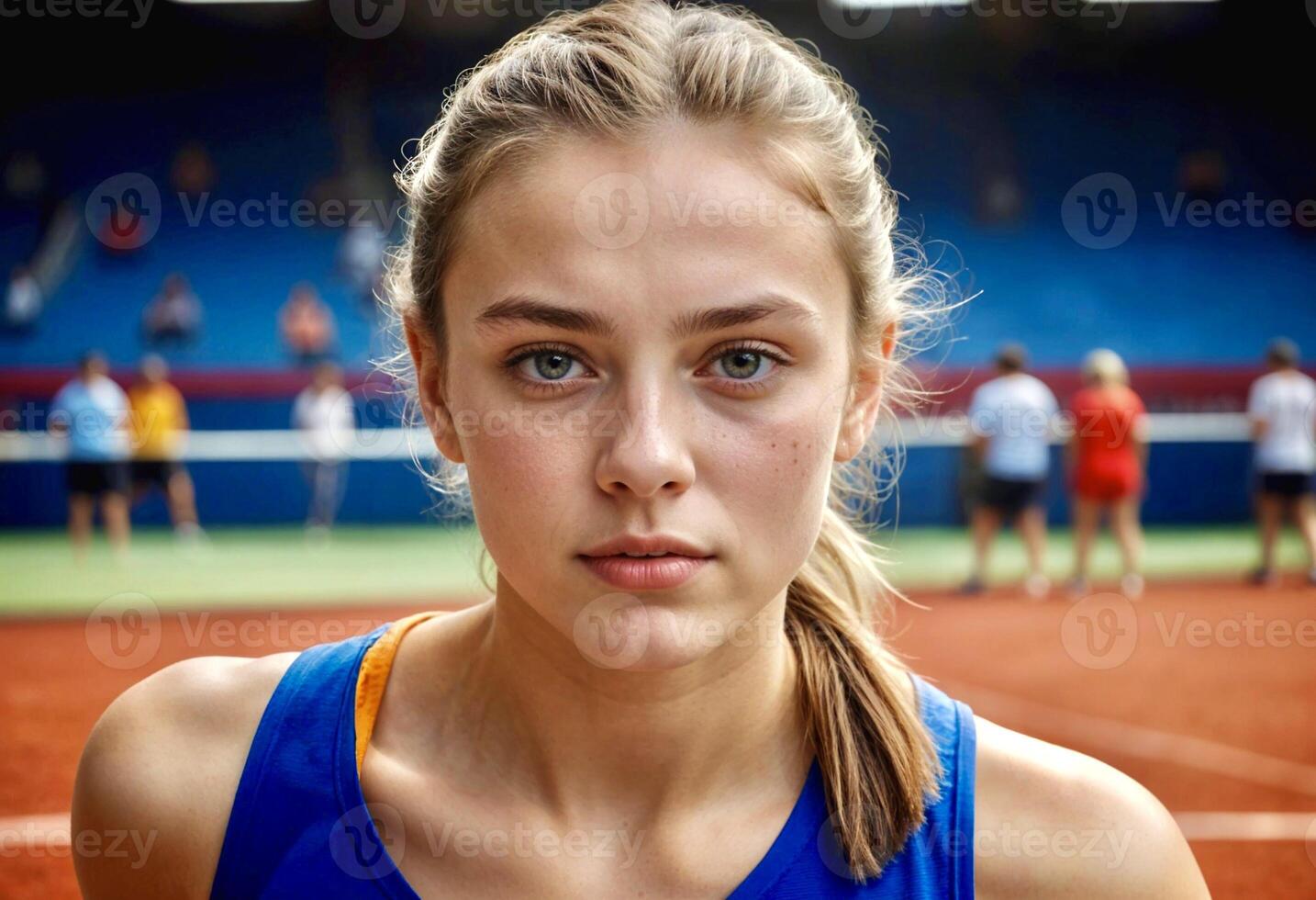 portrait of a young teen Caucasian Slavic athlete with blonde hair on the background of the stadium. professional women's sports concept. High quality photo. . photo