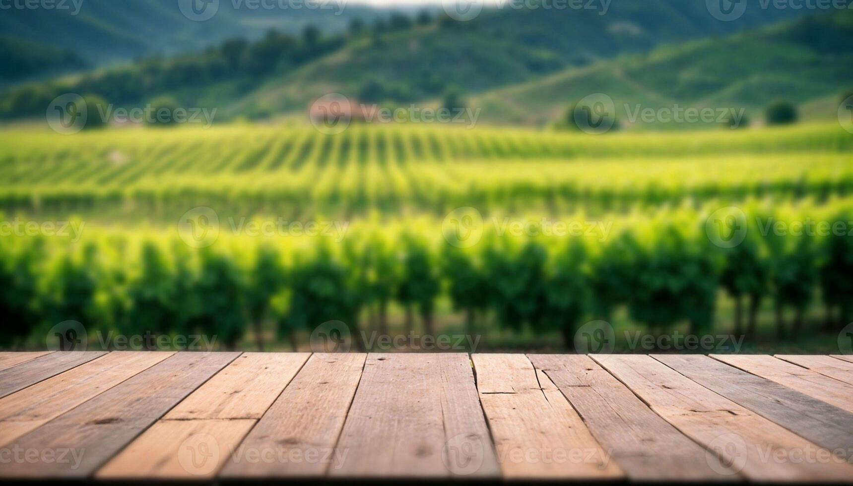 Wooden table top on blurred trees and green vineyards and picturesque hills background . Product display, showcase, presentation. High quality photo. photo