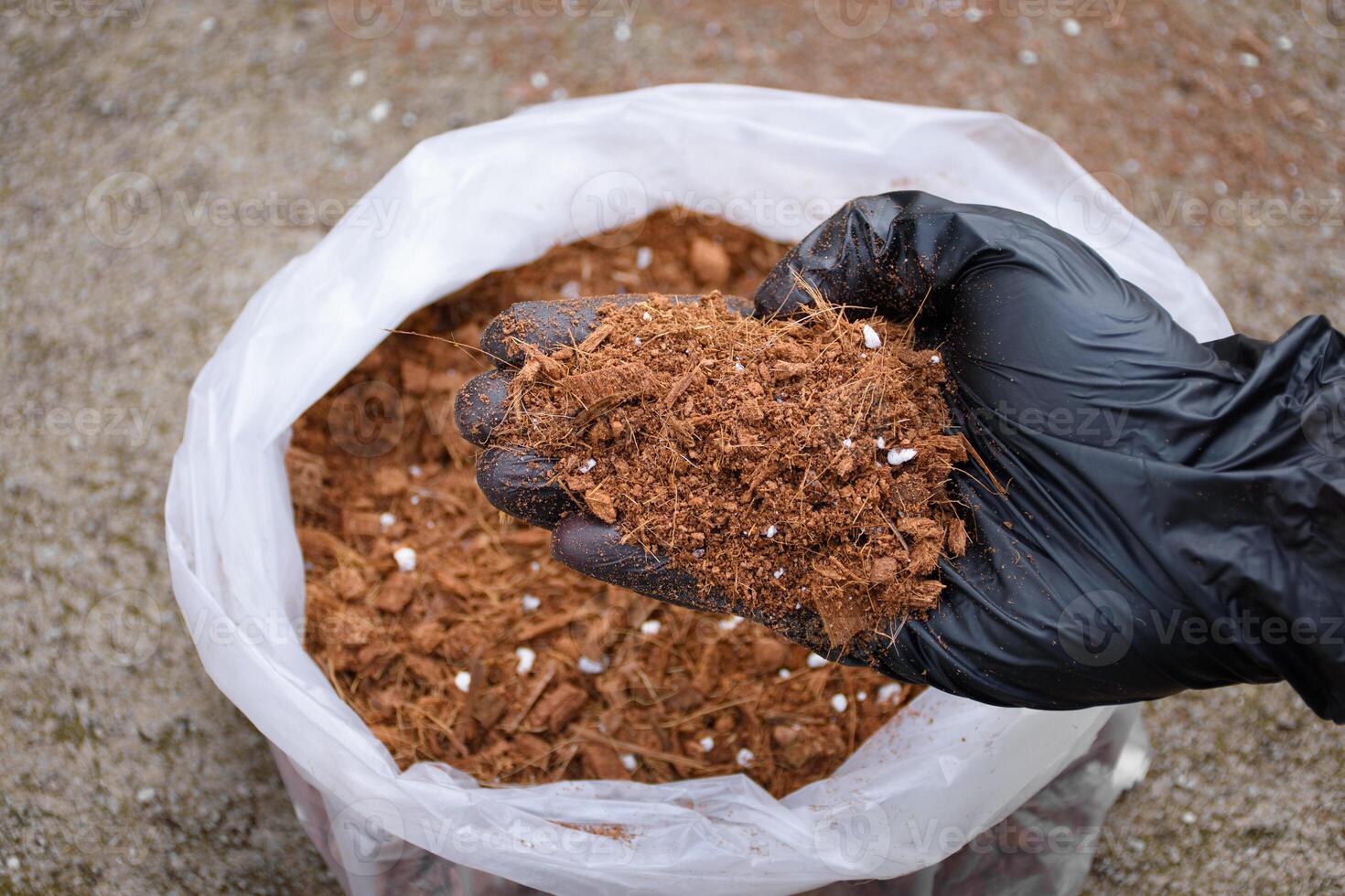 Close up of hand holding soil fertilizer peat moss or coco peat and bag of brown fertilizer on blurred background. Hand holding fertilizer soil for planting and mixing fertilizer. photo