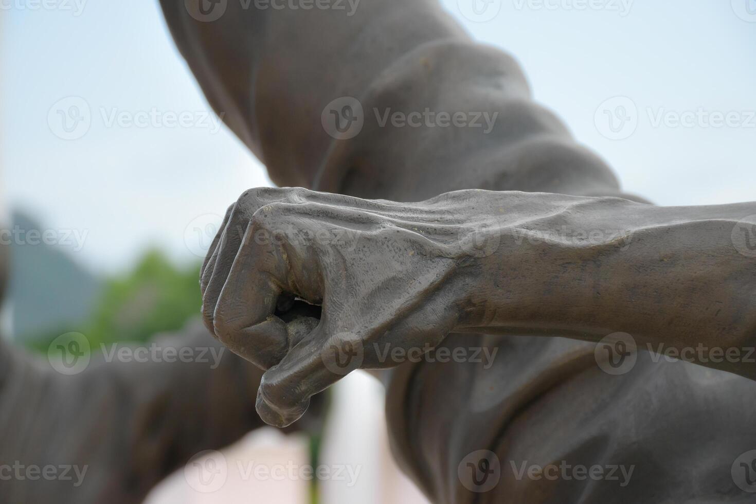 Fist and hand of Kung Fu fighter sculpture, Chinese martial arts,close-up fist and hand on blur and sunset background ,Men fists and hands, Concept of body parts and human. photo