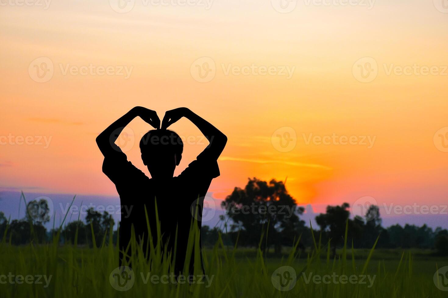 Silhouette of a man making a heart shape with his hands in beautiful rice fields and sunset atmosphere in the evening. photo
