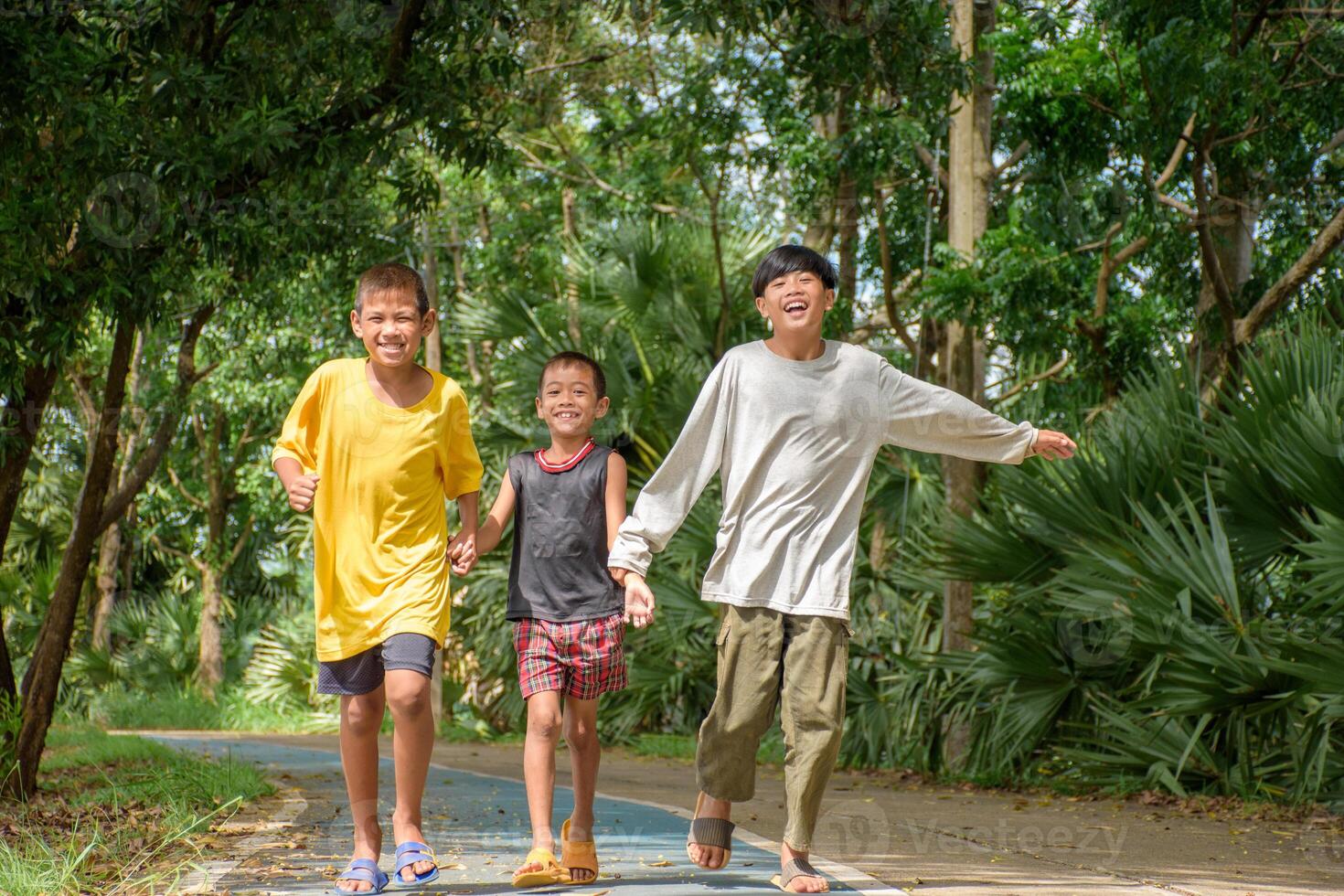 Three Asian boys hold hands and are happily joyful walking together on the street at a park in forest blurred background for lifestyle and activity concept. photo