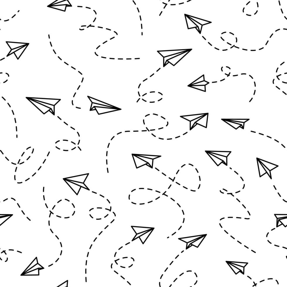 Paper airplane seamless pattern. flying Paper airplane with dotted track direction. Paper airplanes pattern background. paper Airplane with route line path. vector