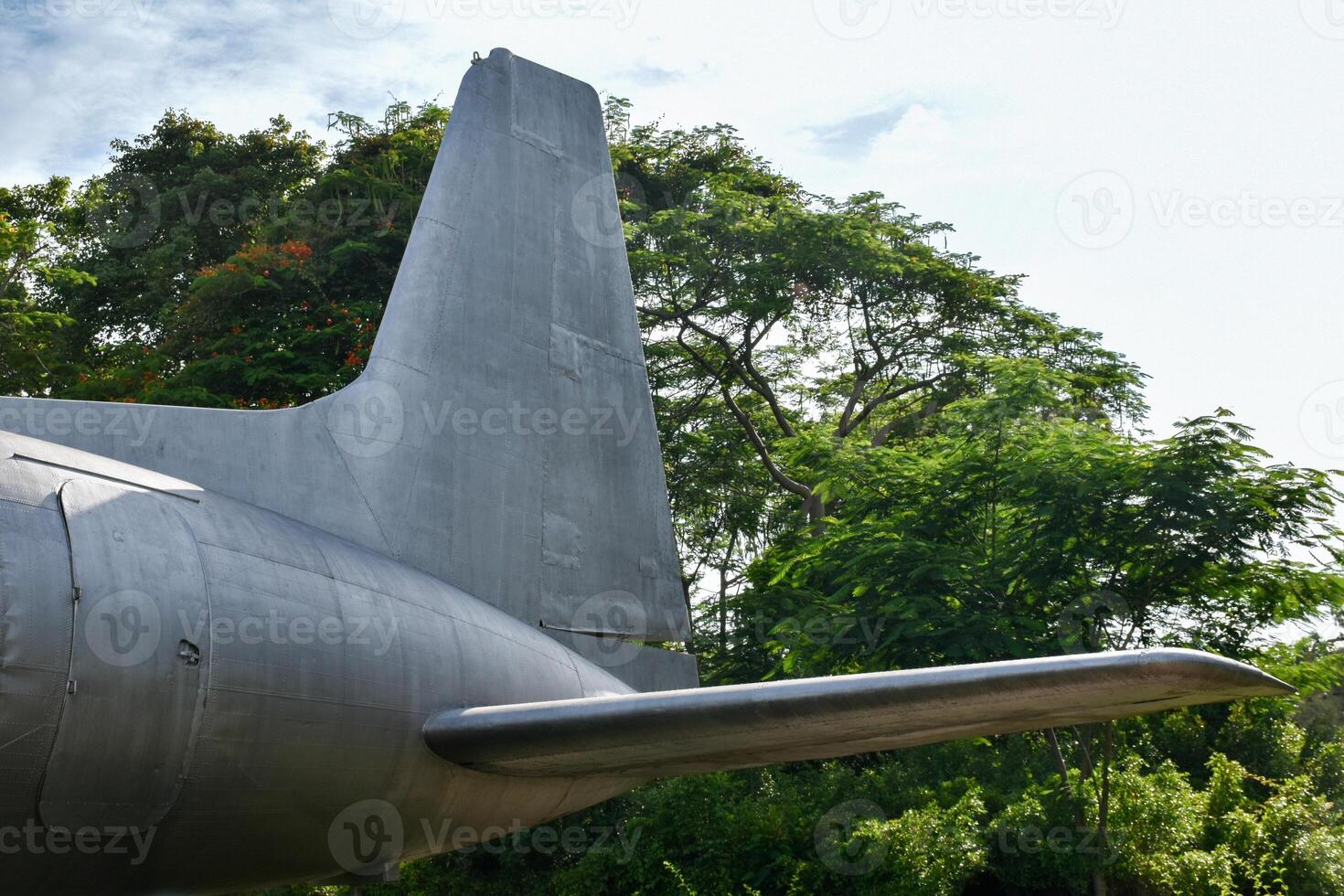 The tail of an old airplane showing the rusting steel surface and the airplane's emergency exit door on a forest and sky background. photo