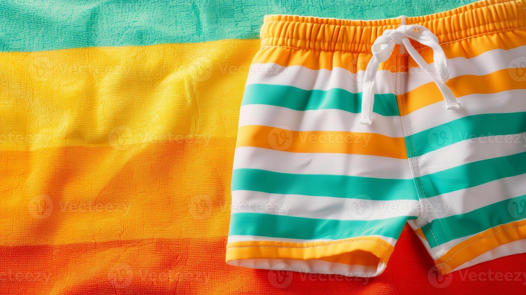 Striped Swim Trunks On Colorful Beach Towel. photo