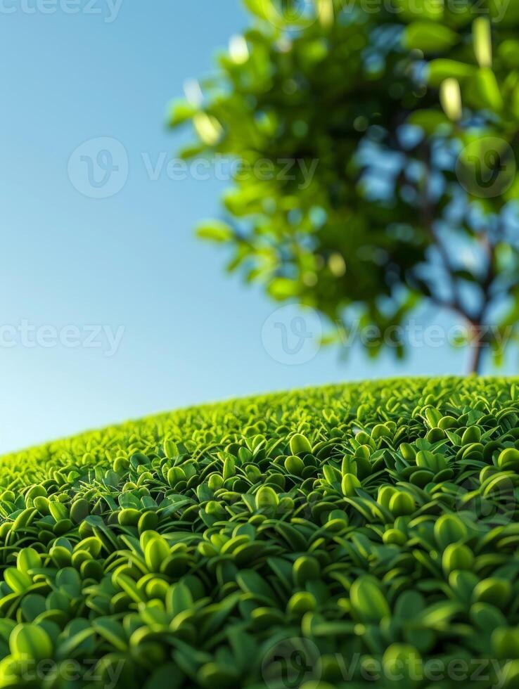 Close Up Of Lush Green Foliage With Blurred Background Of Tree And Sky. photo