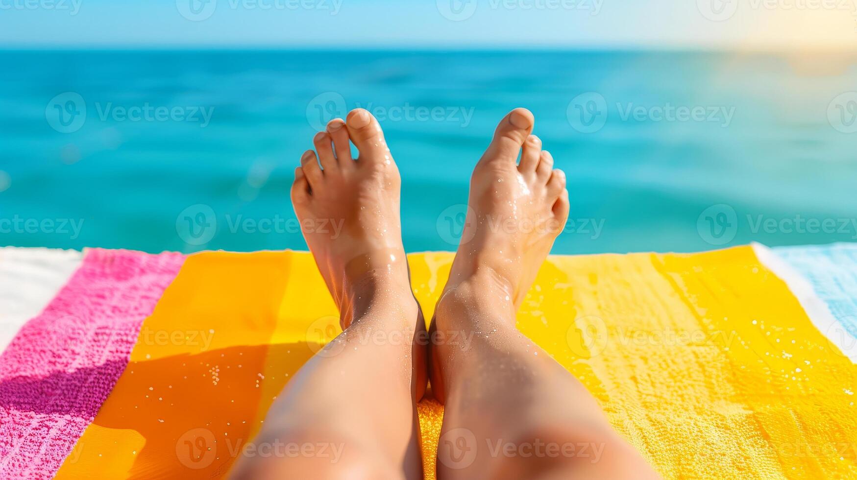 Relaxing on a Beach Towel with the Ocean in the Background. photo