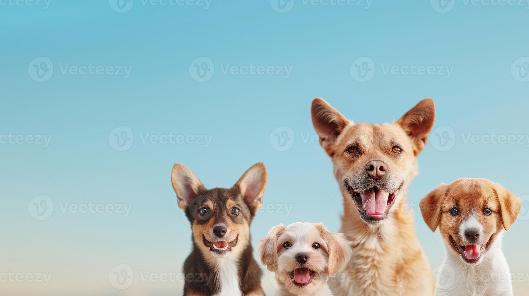 Four Adorable Puppies Looking Up With Big Smiles Against Blue Sky Background. photo