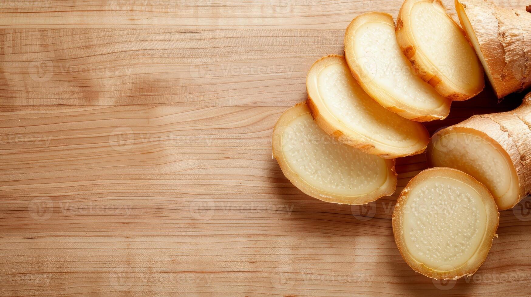 Sliced Fresh Ginger Root On Wooden Background. Copy Space For Text. photo