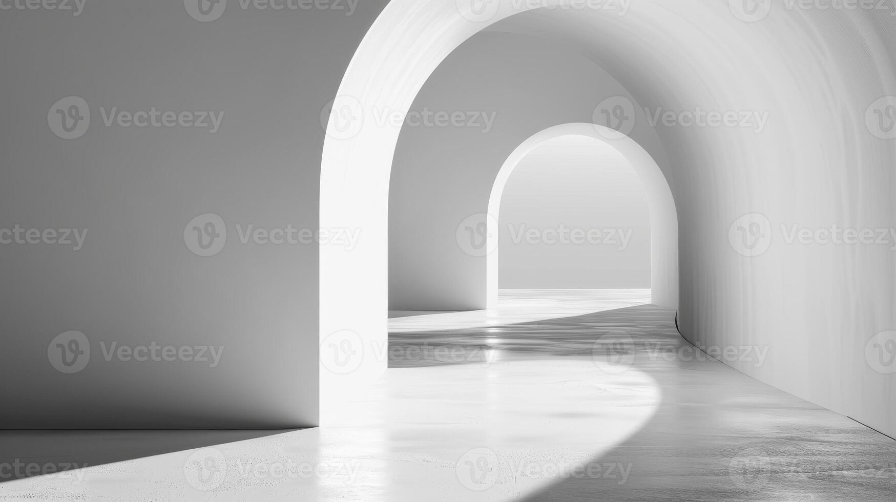 Minimalist White Archway Corridor with Light and Shadow - Abstract Modern Architecture Interior Design. photo