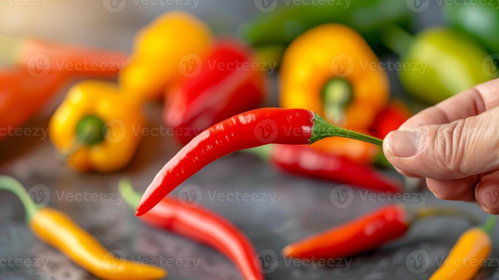 Red Chili Pepper Held By Hand Close Up With Blurred Yellow and Orange Peppers In Background. photo