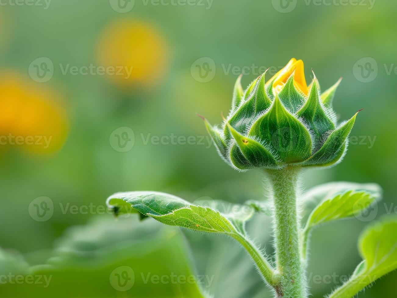 Close Up of a Sunflower Bud with Green Background. photo