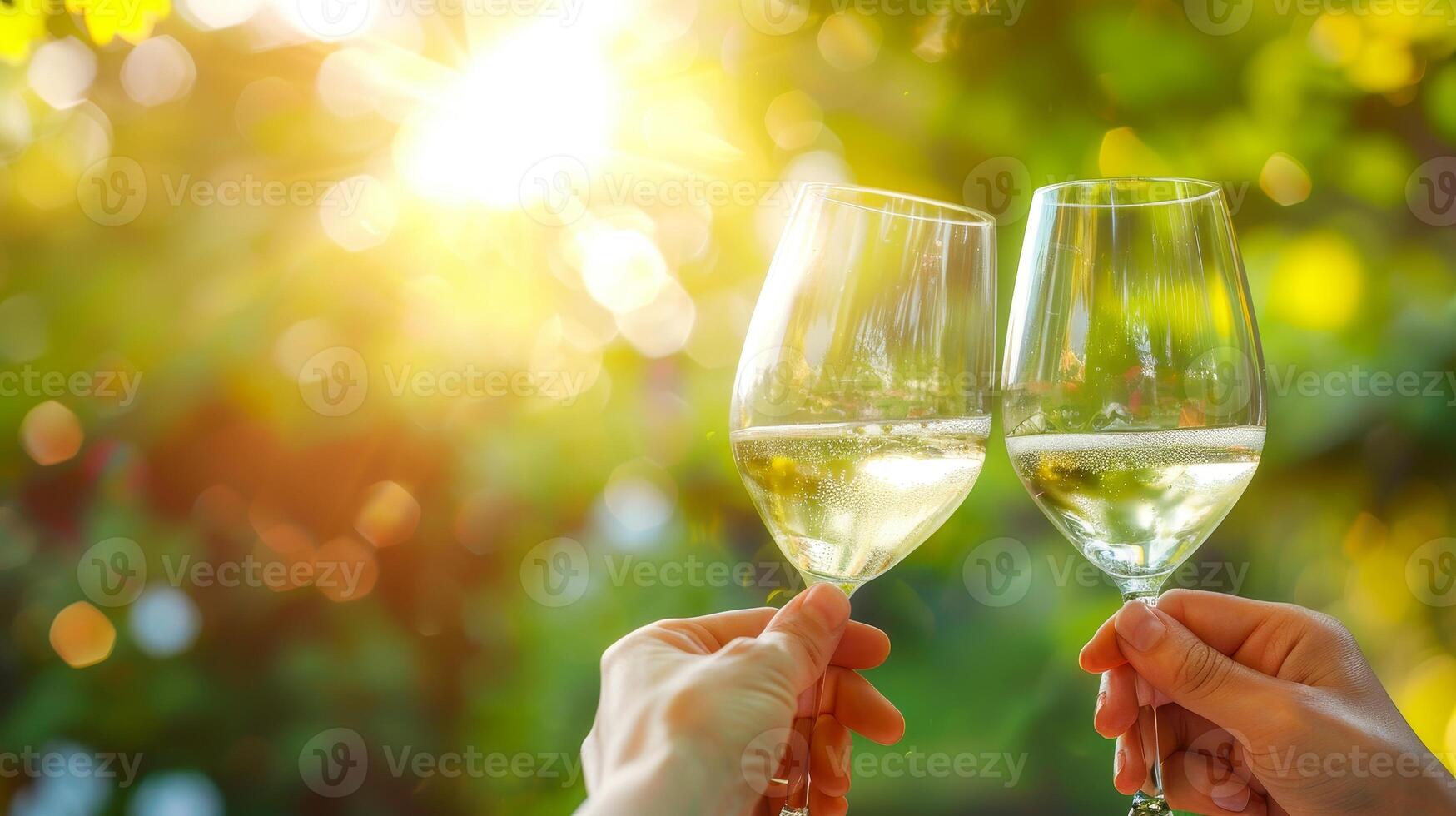 Two Hands Toasting with Glasses of Sparkling Wine, Outdoors in Summer. photo