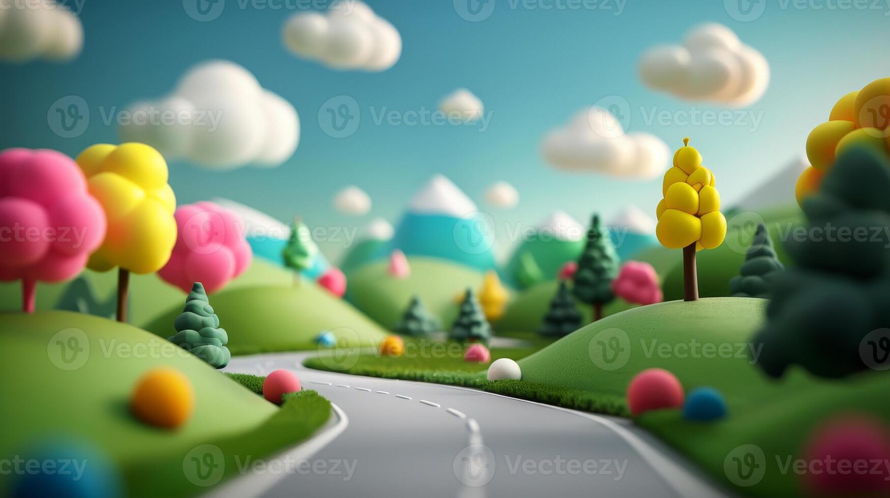 Whimsical Cartoon Landscape With Winding Road And Colorful Trees. photo