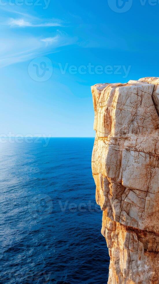 Majestic Cliff Edge Overlooking Blue Ocean with Clear Sky - Dramatic Coastal Landscape. photo