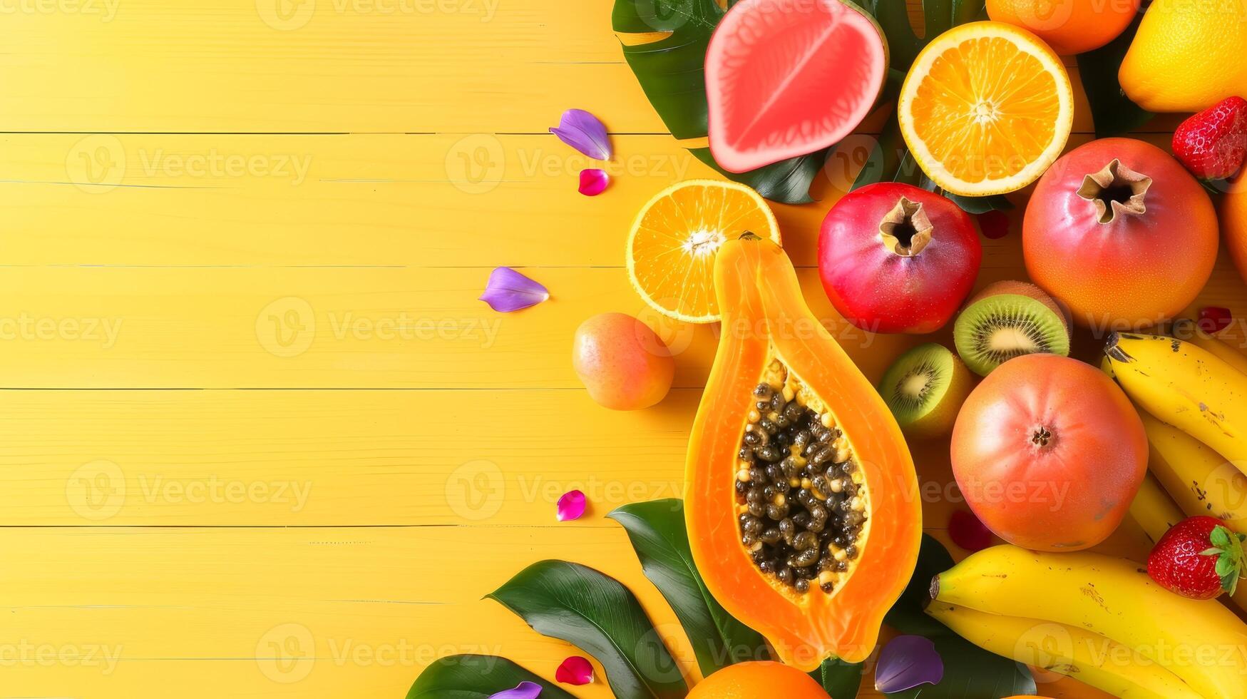 Summer Fruit Tropical Arrangement With Papaya, Orange, Banana, and Kiwi On Yellow Wooden Background. photo