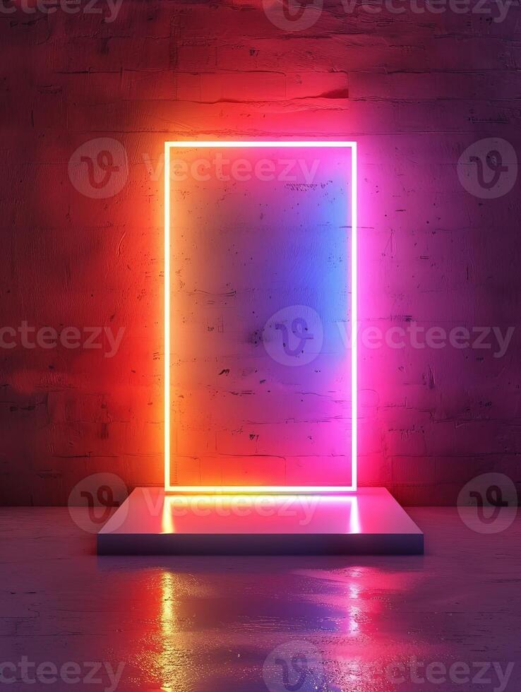 Neon Glow Frame Mockup With Concrete Wall And Platform. photo
