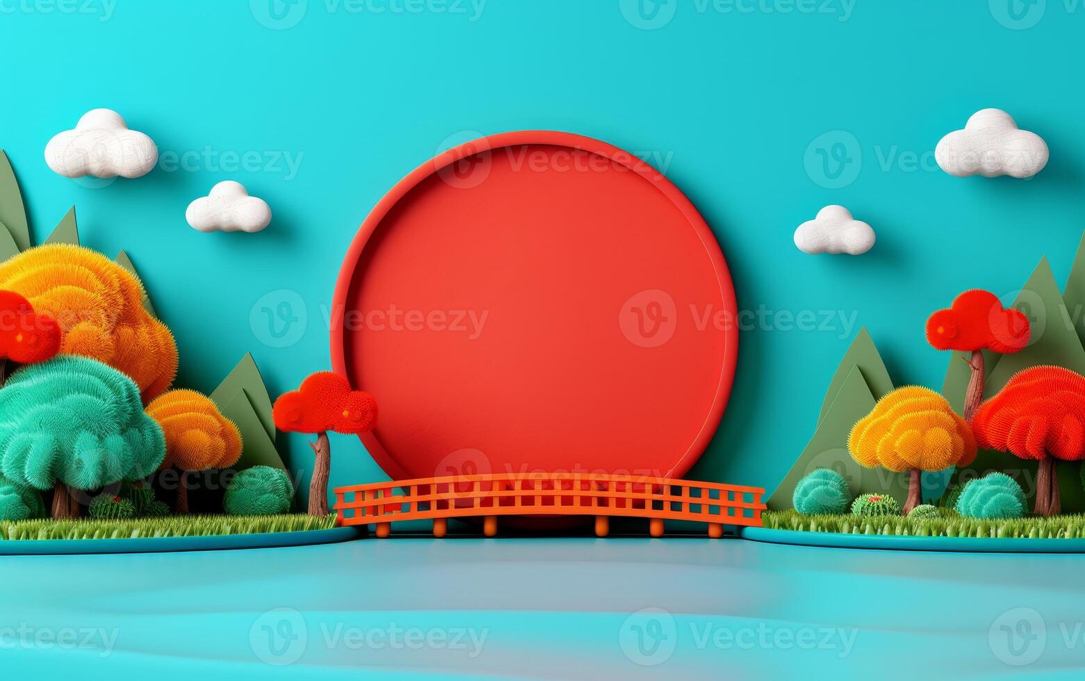 Abstract 3D Illustration Of A Fantasy Landscape With A Circle Space And Trees. photo