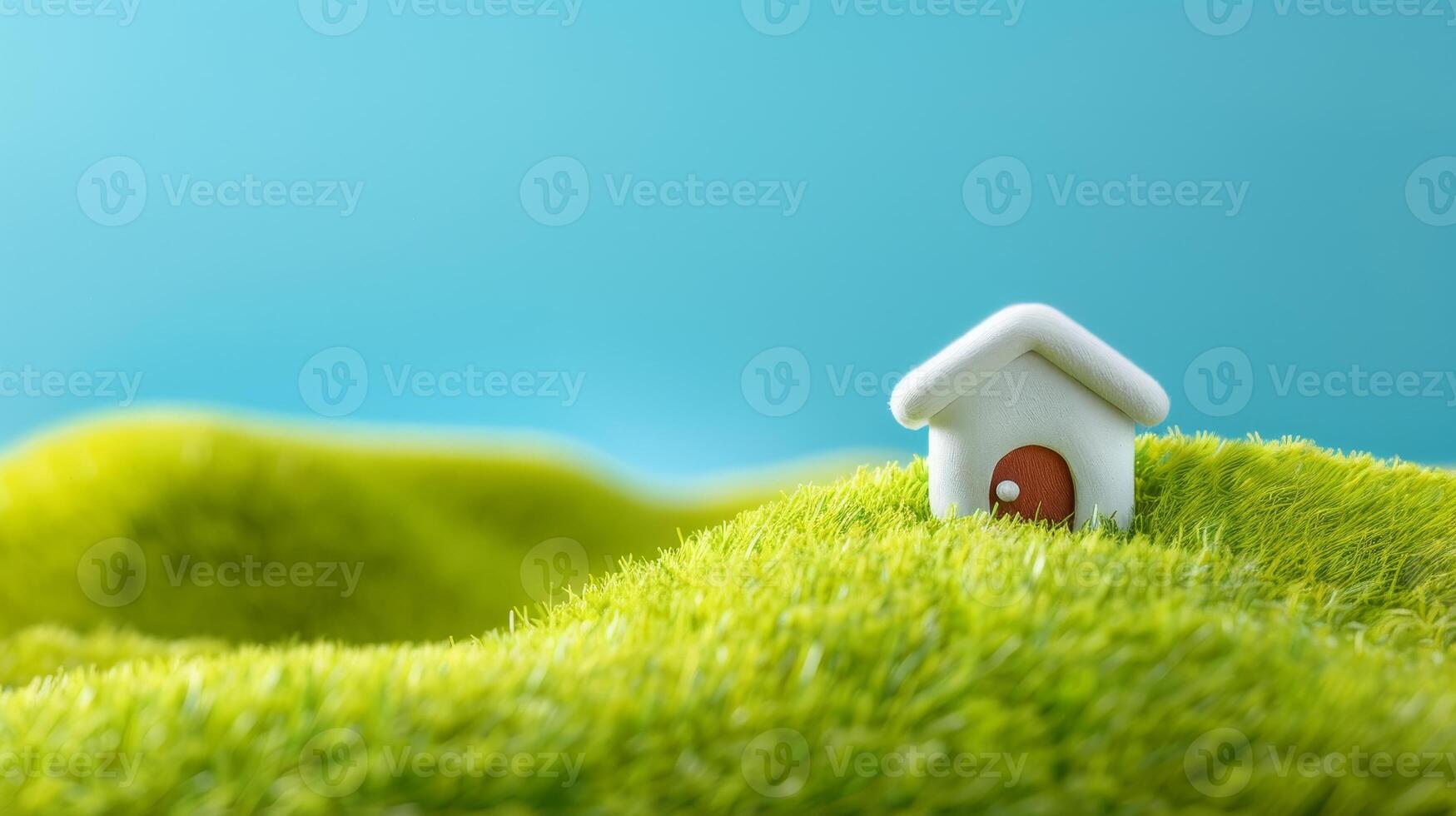 Small White House on a Green Hill Against a Blue Sky, Representing New Beginnings, Dreams, and the Future. photo