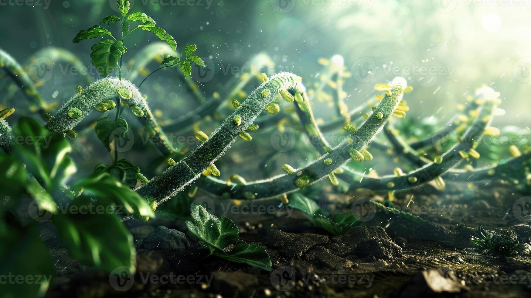 Photosynthesis and Genetics, An artistic representation of the photosynthesis process with a visual twist of DNA strands, showcasing the link between genetics and plant growth. nature, biology, leaves photo