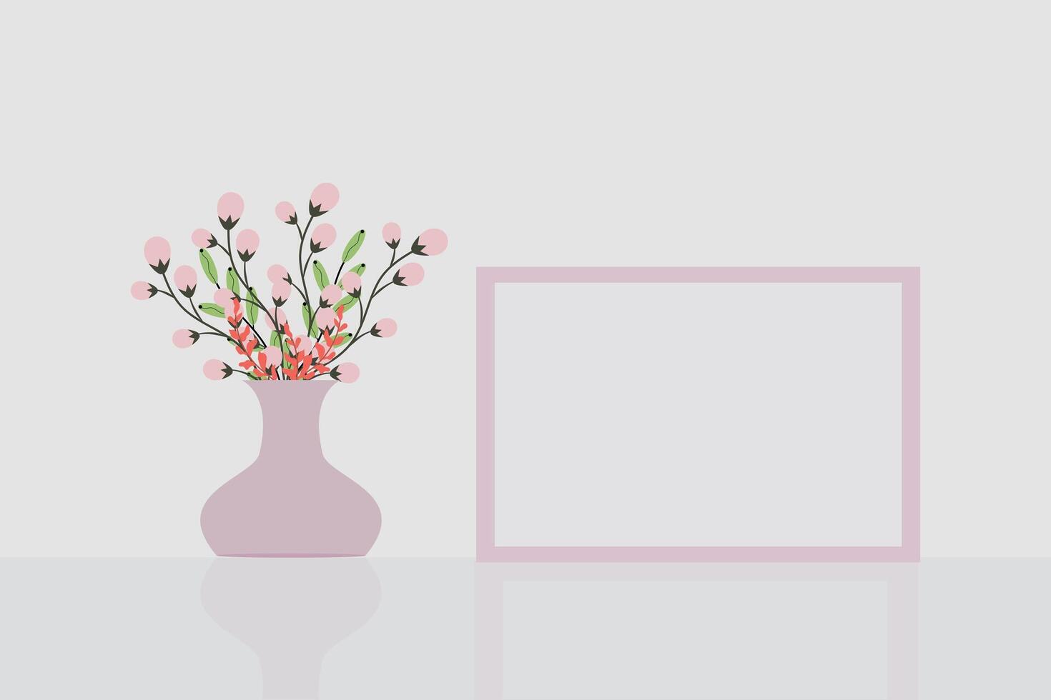 Mockup of a pink frame with a bouquet of spring wildflowers in a vase on a white table. Portrait orientation. Copy space. vector