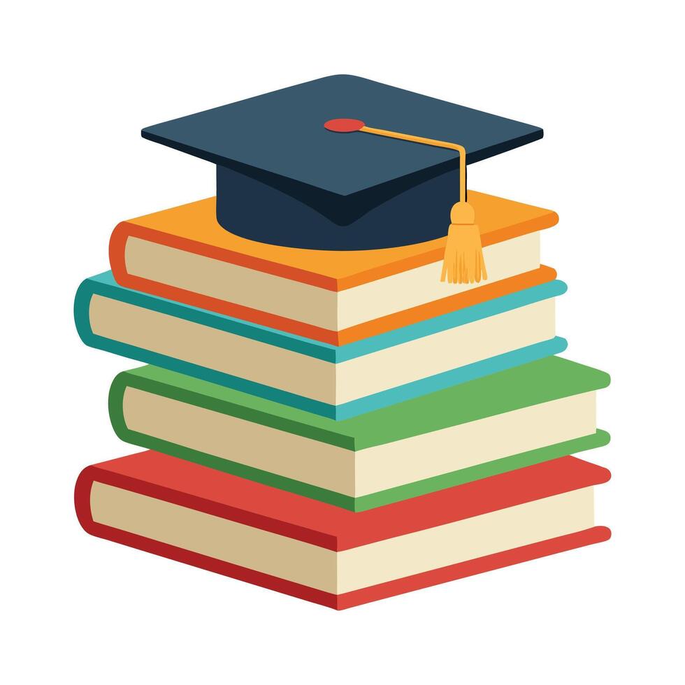 A graduation cap on a stack of colourful books isolated on a white background. vector