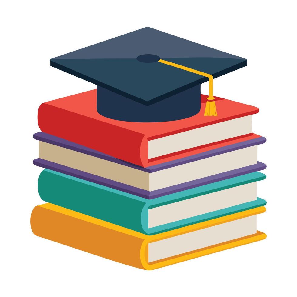 A graduation cap on a stack of books isolated on a white background. vector