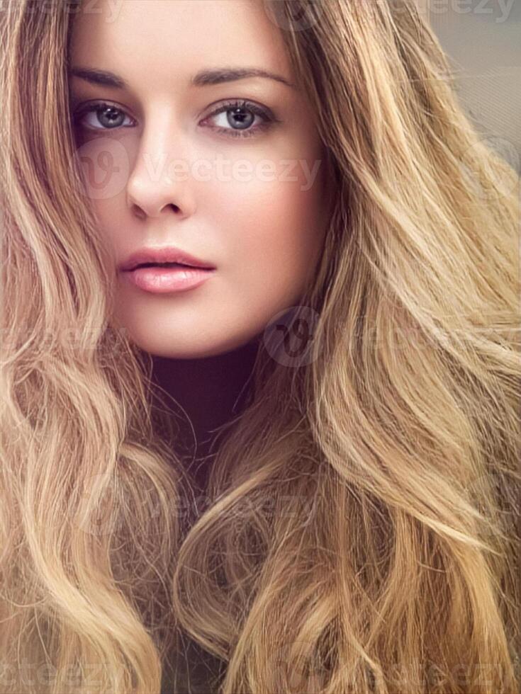 Beautiful modern blonde woman with volume hairstyle, long luxurious hair and beauty makeup, glamorous look face portrait for luxury fashion and natural cosmetics photo