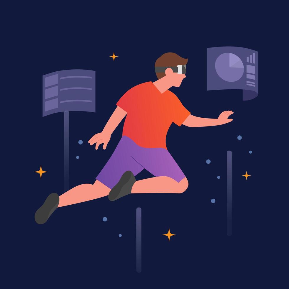 Man wearing VR headsets floating in outer space. VR experience concept, Male characters in metaverse universe, Simulation of the virtual digital world for entertainment. Flat illustration vector