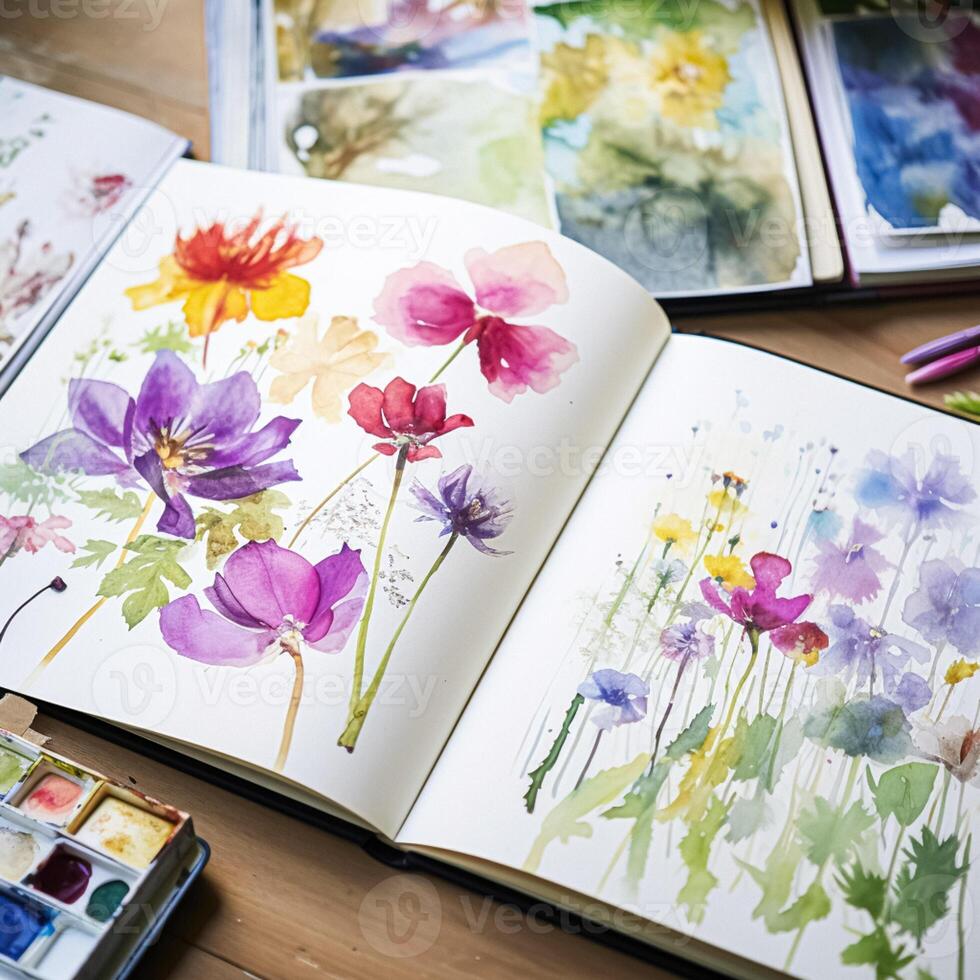 Watercolour painting of wildflowers in a sketchbook, surrounded by an array of watercolour paints and brushes on a wooden table, hobby and craft photo
