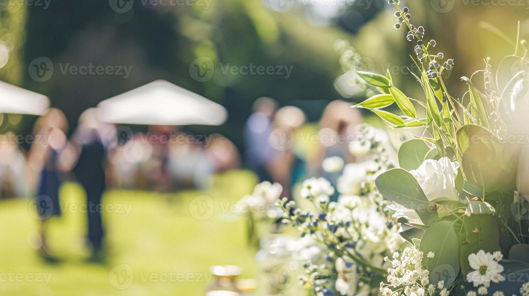 Outdoor wedding reception, warm glow of the lights creates a magical atmosphere as guests gather, the background is blurred, joyful ambiance of the celebration, romantic and festive photo
