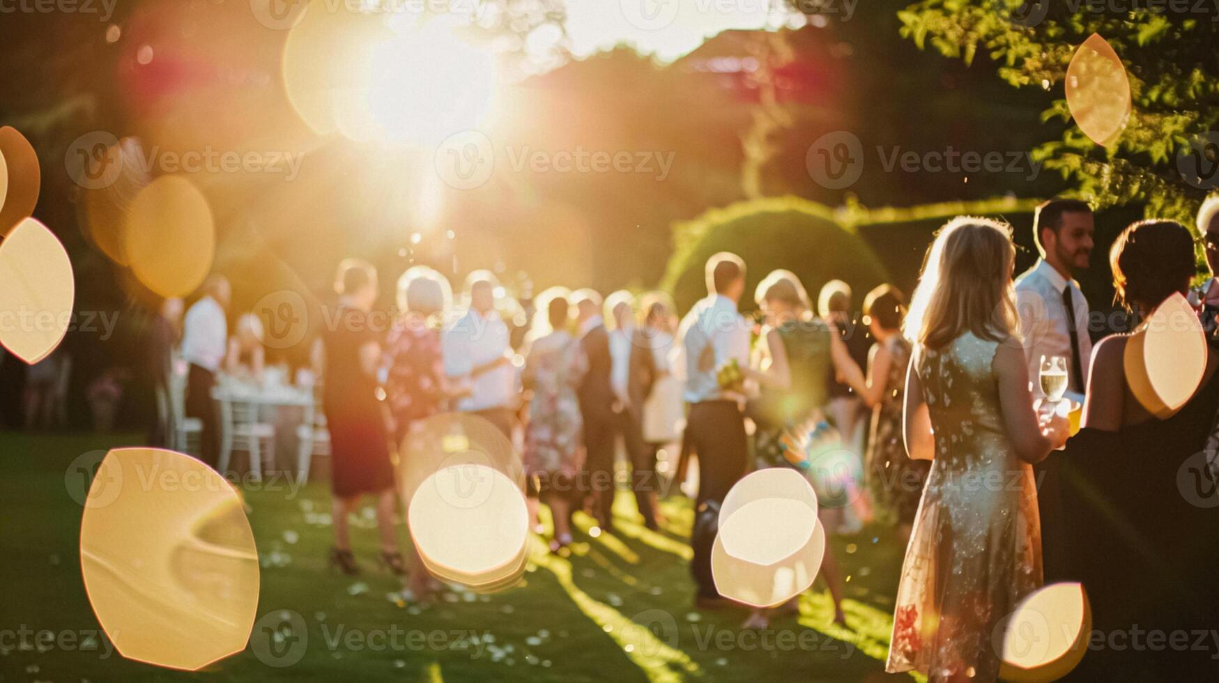 Outdoor wedding reception, warm glow of the lights creates a magical atmosphere as guests gather, the background is blurred, joyful ambiance of the celebration, romantic and festive photo